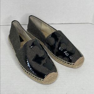 Tory Burch Lonnie Black leather and woven canvas Espadrille Flats